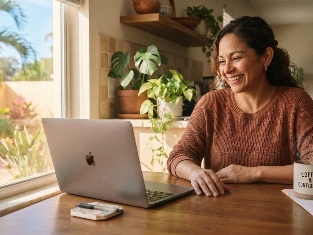 Student taking a Florida traffic school course on a laptop at her kitchen table